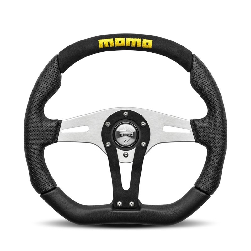 Momo Trek Steering Wheel (38 mm Dish), Black Leather, Aluminium Spokes - 35 cm
