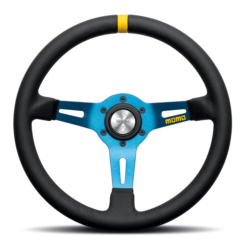 Momo Mod. 08 Steering Wheel (85 mm Dish), Black Leather, Blue Spokes - 33 cm