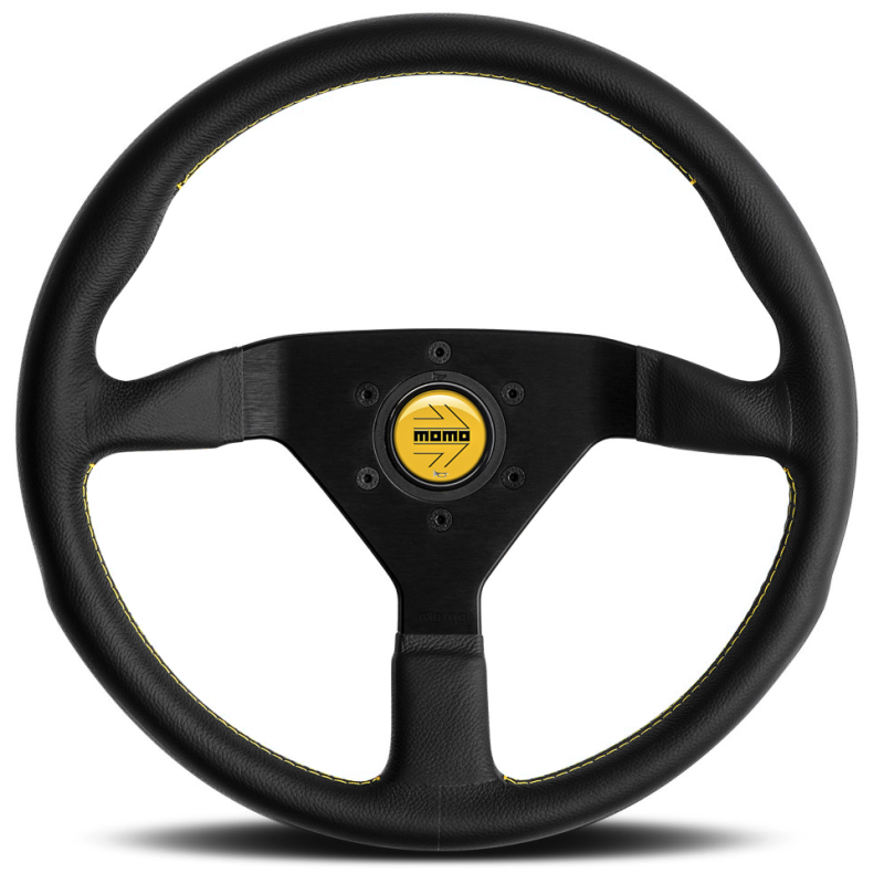 Momo Montecarlo Steering Wheel (40 mm Dish), Black Leather, Yellow Stitching - 35 cm