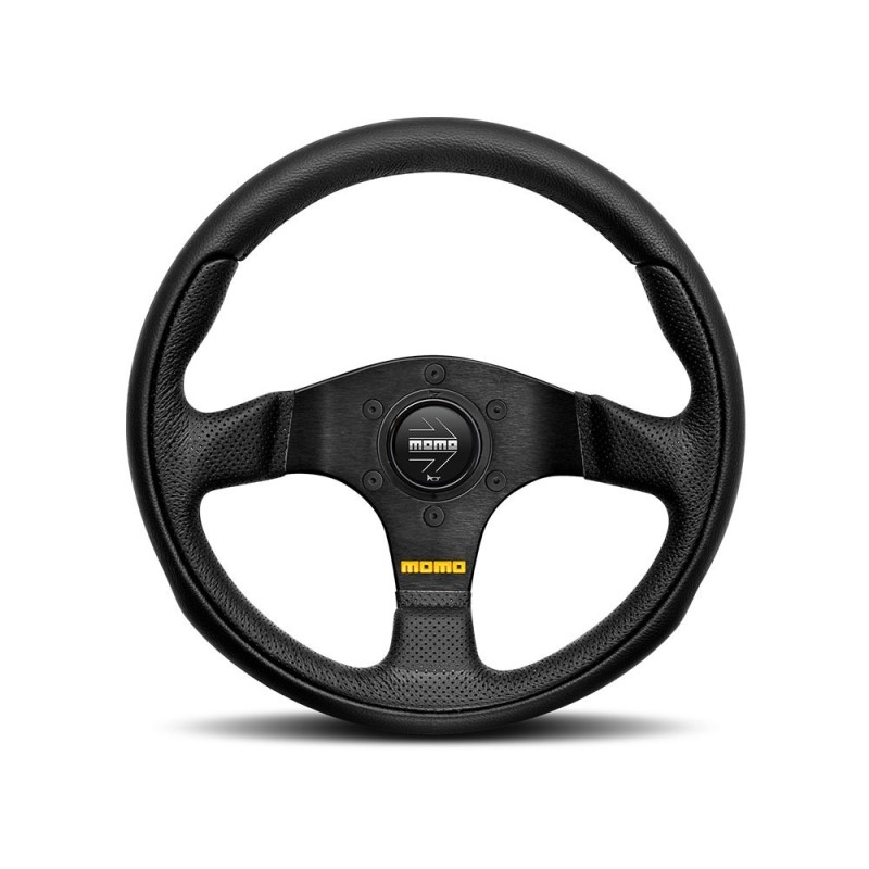 Momo Team Steering Wheel (40 mm Dish), Black Leather, Black Spokes - 30 cm