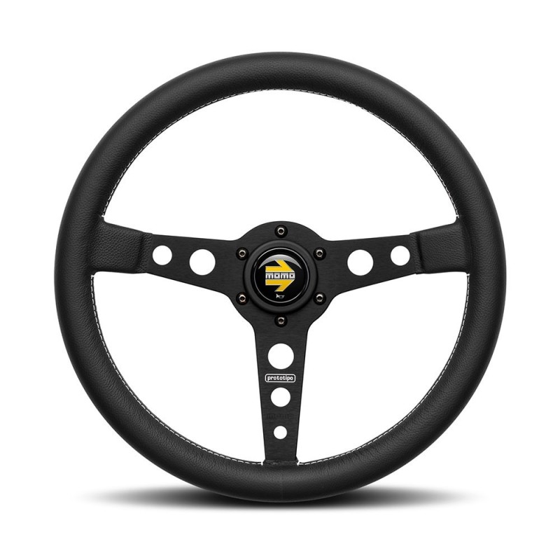 Momo Prototipo Steering Wheel (39 mm Dish), Black Leather, Black Spokes - 35 cm