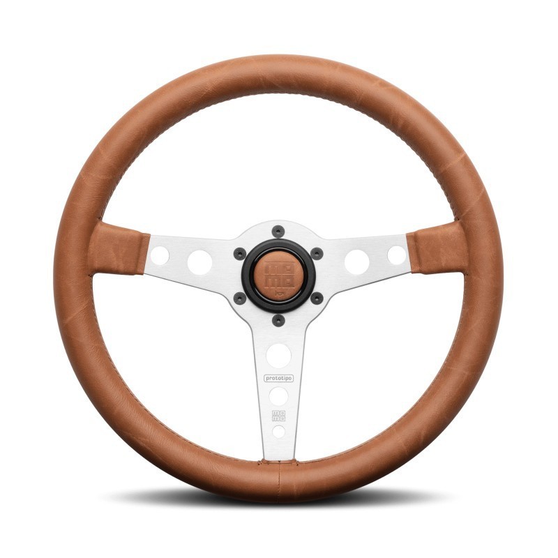 Momo Prototipo Heritage Steering Wheel (39 mm Dish), Tobacco Leather, Aluminium Spokes - 35 cm