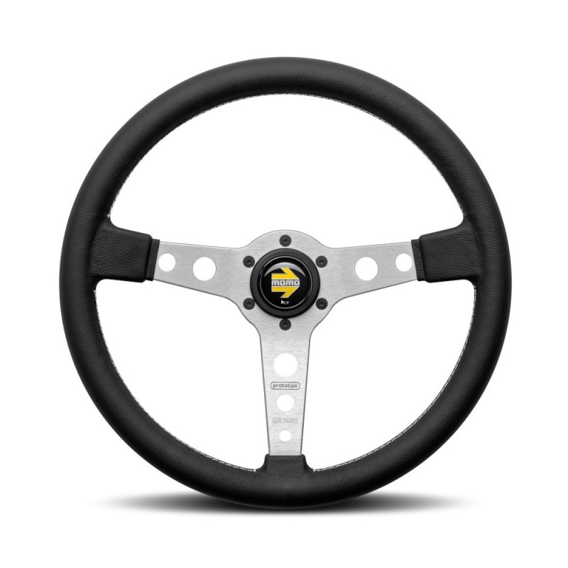 Momo Prototipo Steering Wheel (37 mm Dish), Black Leather, Aluminium Spokes - 37 cm