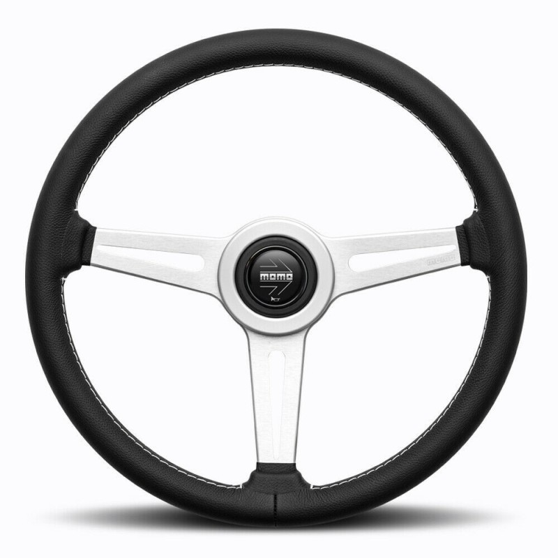 Momo Retro Steering Wheel (40 mm Dish), Black Leather, Aluminium Spokes - 36 cm