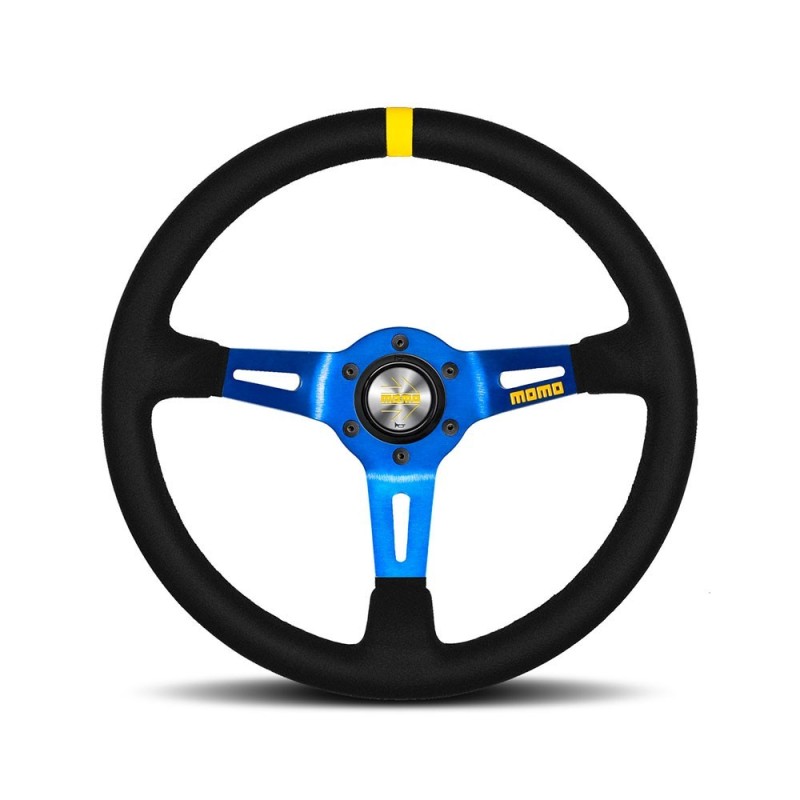 Momo Mod. 08 Steering Wheel (88 mm Dish), Black Suede, Blue Spokes - 35 cm